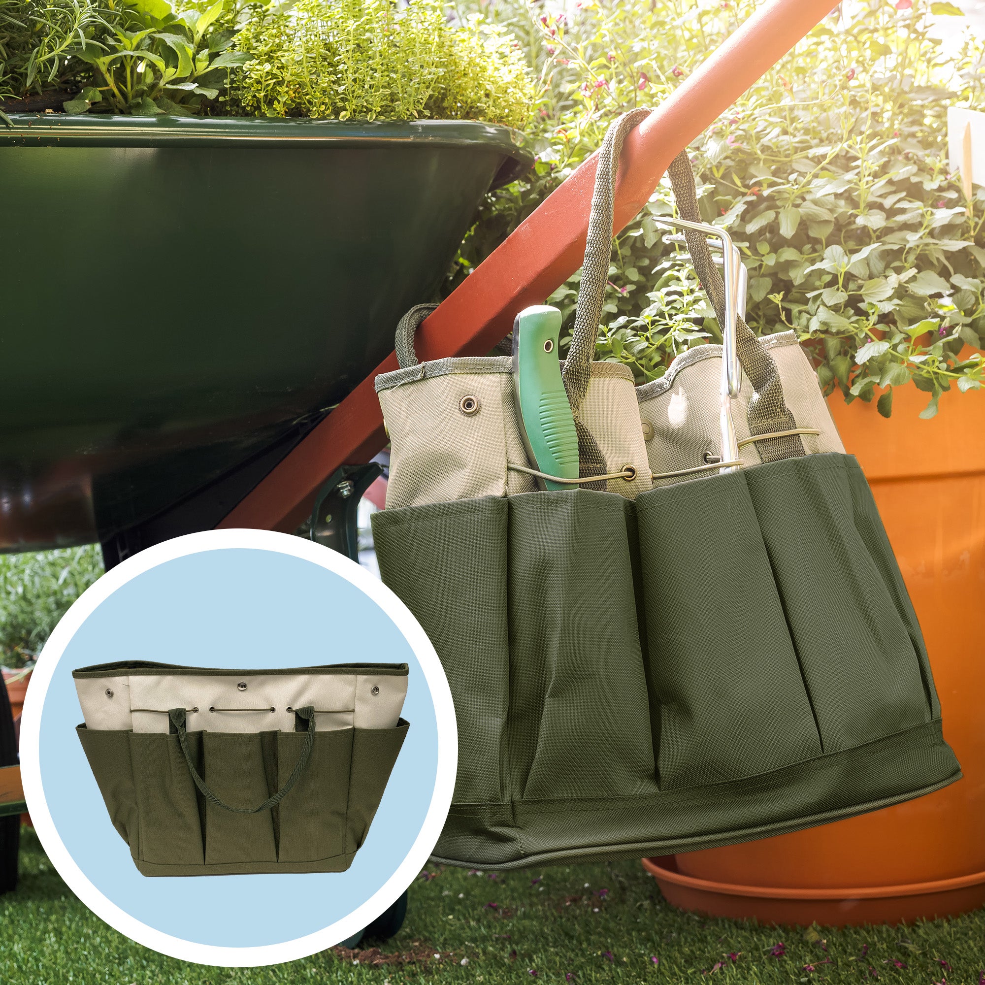 A green and beige Ferry-Morse garden tool bag with multiple pockets and a drawstring closure.